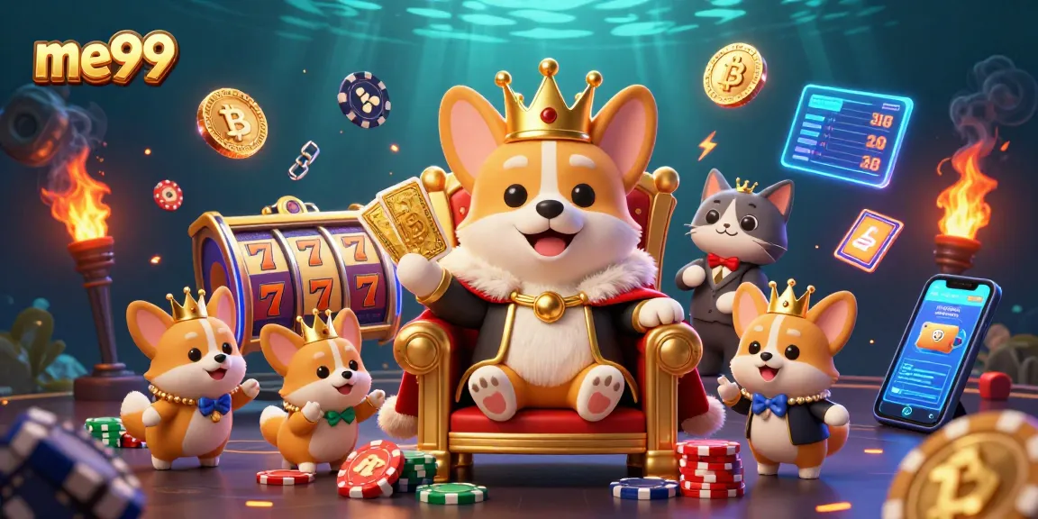 Experience the excitement of me99 casino's vibrant gaming scene featuring royal corgi royalty.