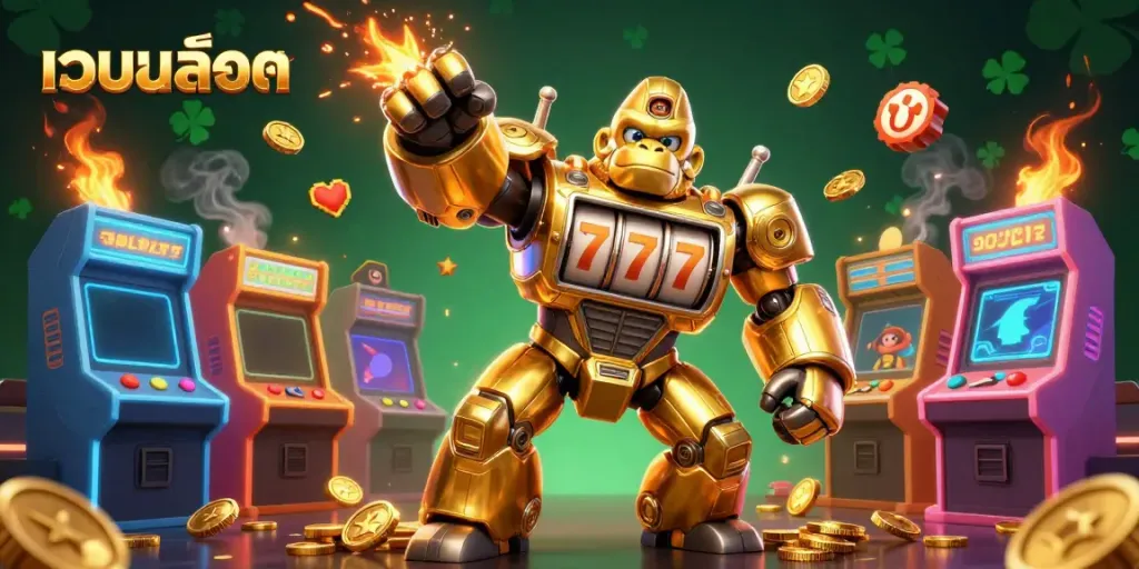 Experience thrilling เว็บสล็อต gaming with a dynamic golden gorilla mech surrounded by arcade elements!