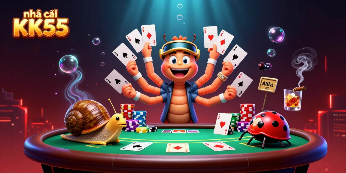 Experience the thrill of nhà cái KK55 with a dynamic casino scene featuring cheerful characters engaged in poker.