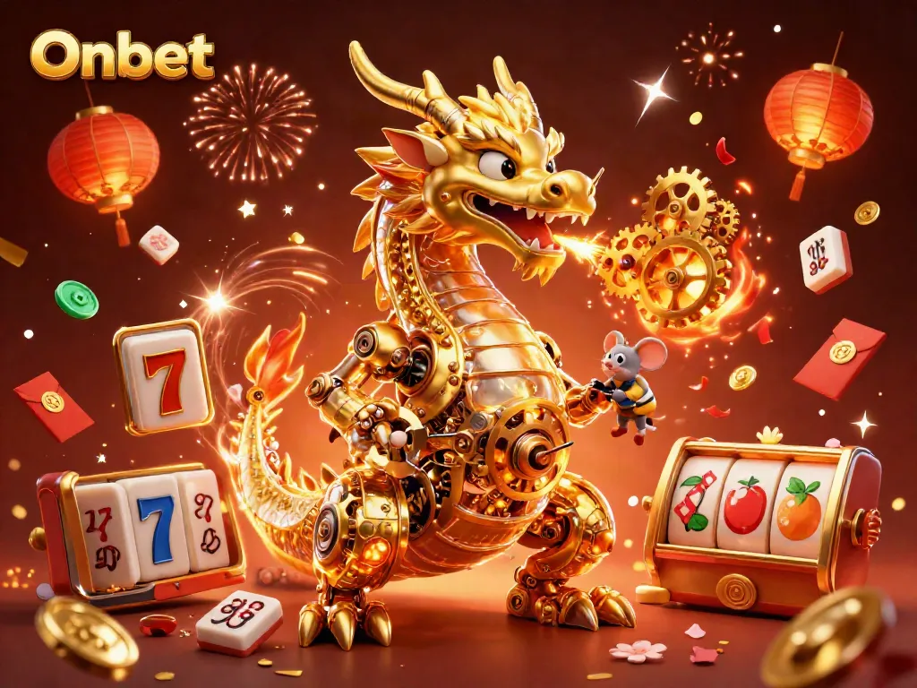 Engage with Onbet as a vibrant casino world bursts with slot reels and festive elements.