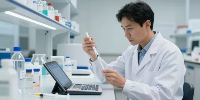 Research scientist using a peptide dosage calculator in a lab environment.