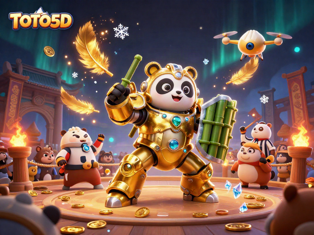 TOTO5D engaging players with golden panda piloting a robot in an exciting lottery arena
