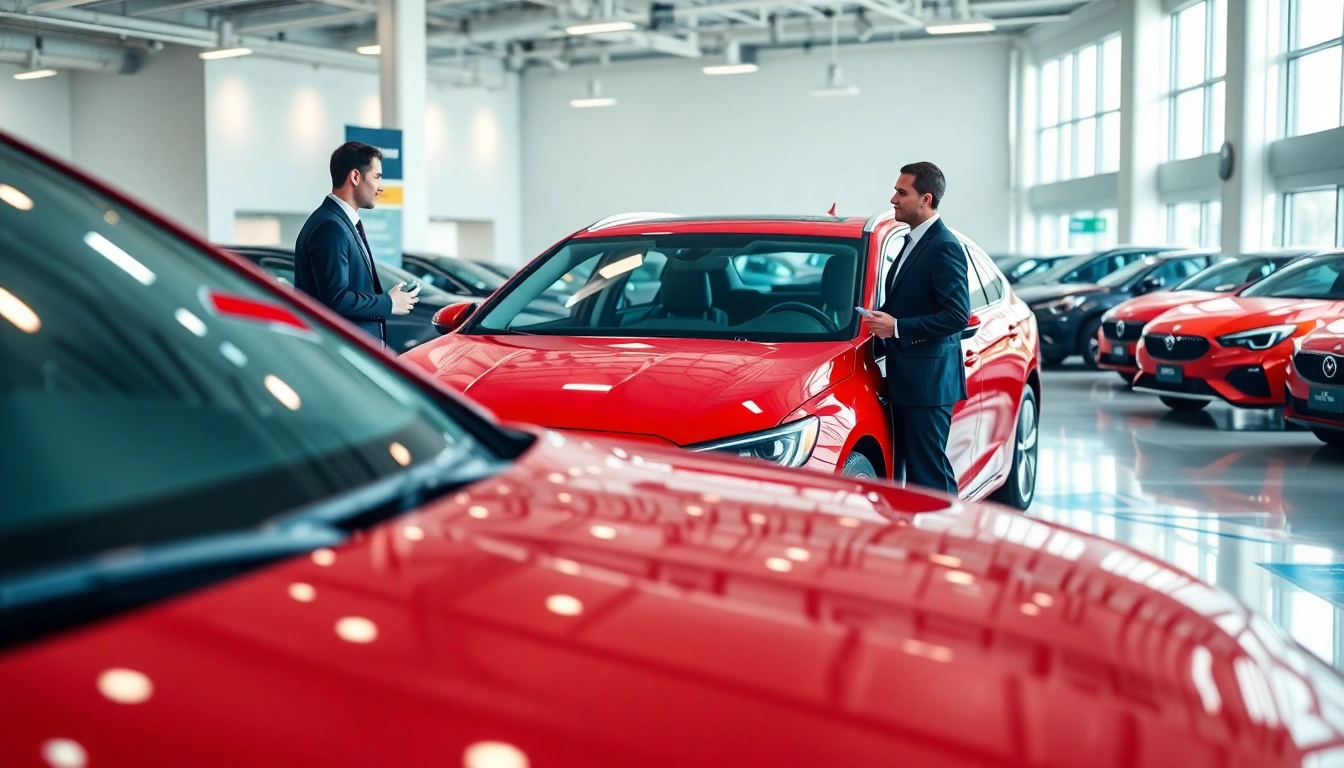 Buy New Car in a modern showroom with a friendly salesperson guiding potential buyers.