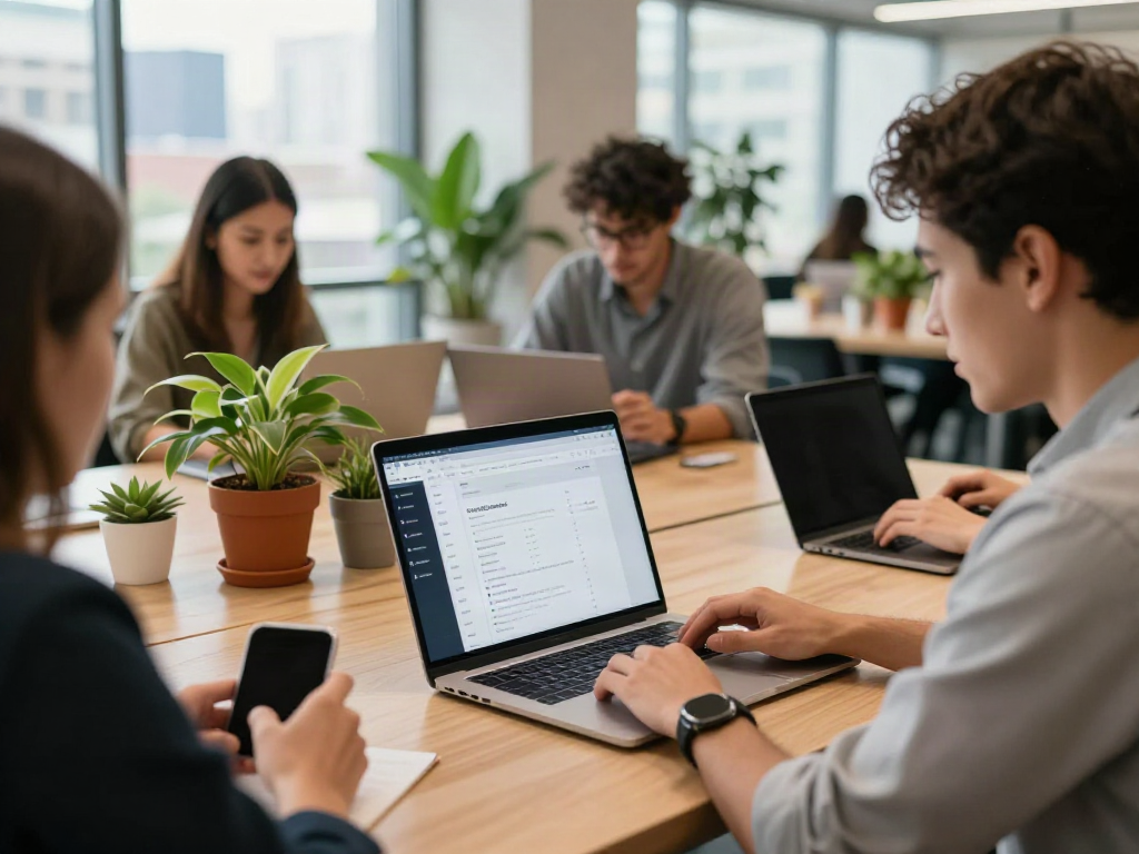 Brave browser showcased on a laptop in a vibrant coworking space.