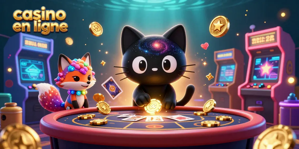 Illustration dynamique de casino en ligne avec un chat noir, un trou noir et un renard nébuleux