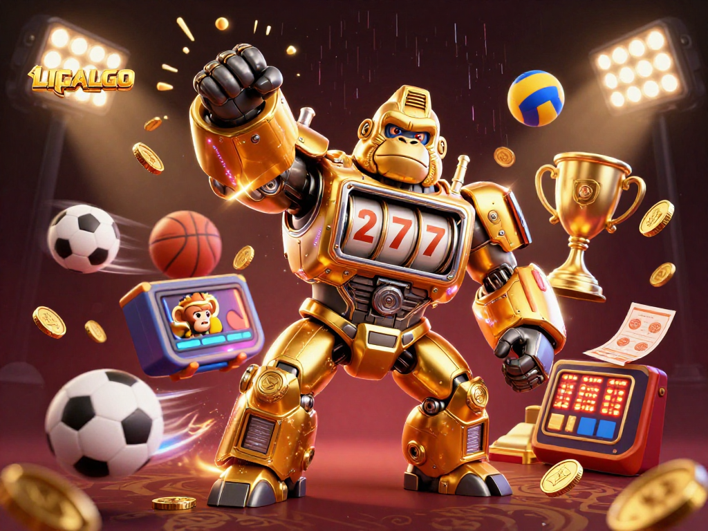 LIGALGO delivers an exciting gaming experience with a vibrant gorilla mech and dynamic sports elements.