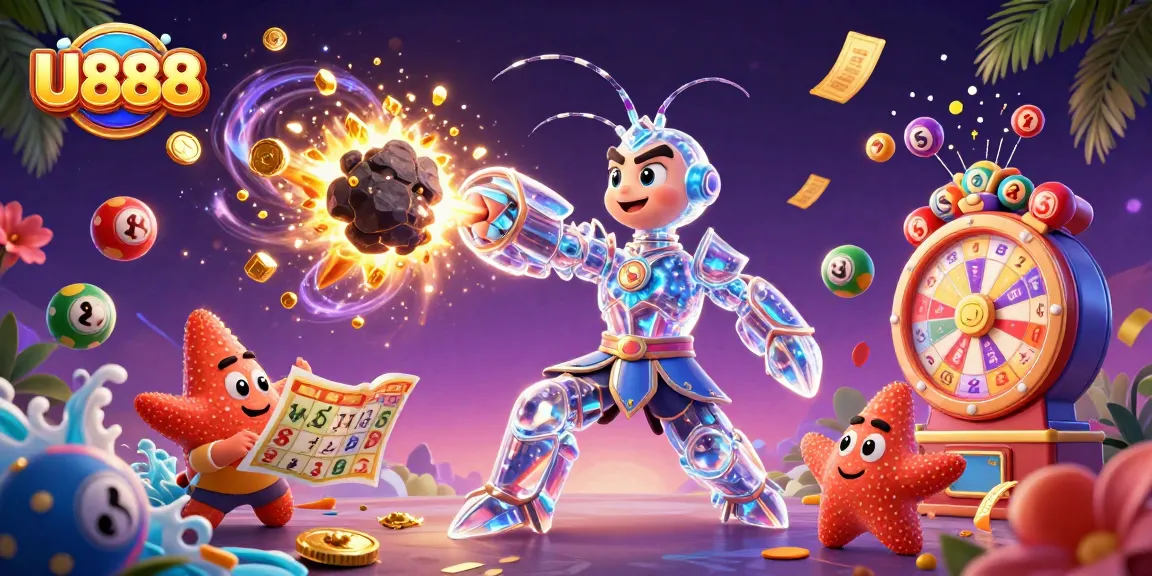 U888 features a thrilling scene with dynamic lottery elements and a galactic character experiencing the excitement of winnings.