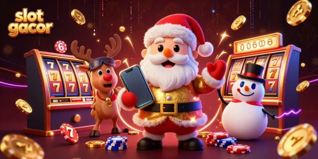 Experience the thrill of slot gacor with Santa and friends celebrating jackpots in a vibrant casino scene.