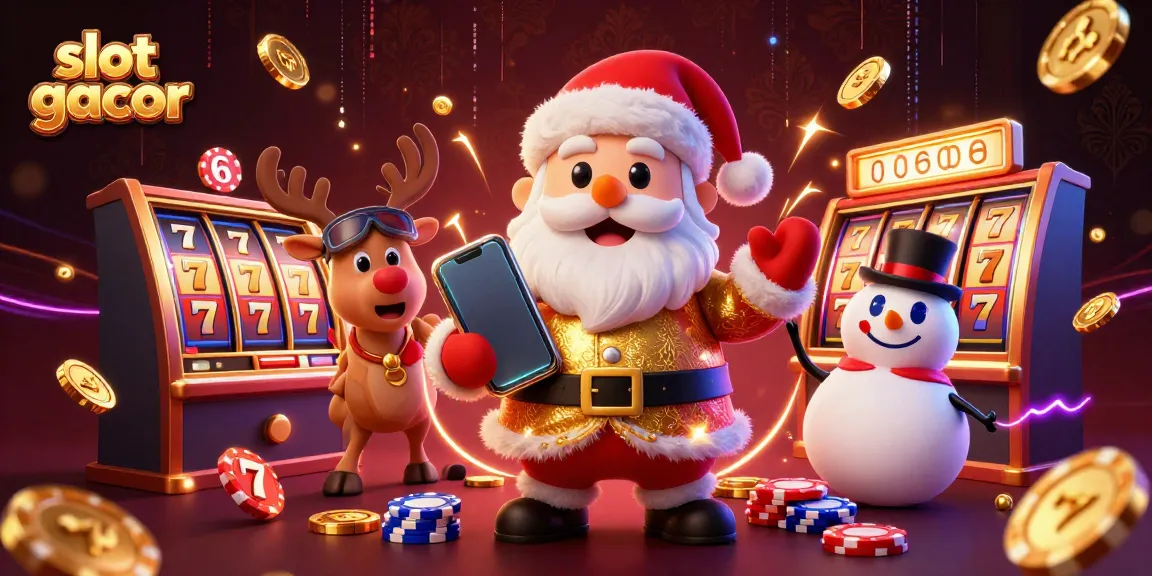 Experience the thrill of slot gacor with Santa and friends celebrating jackpots in a vibrant casino scene.