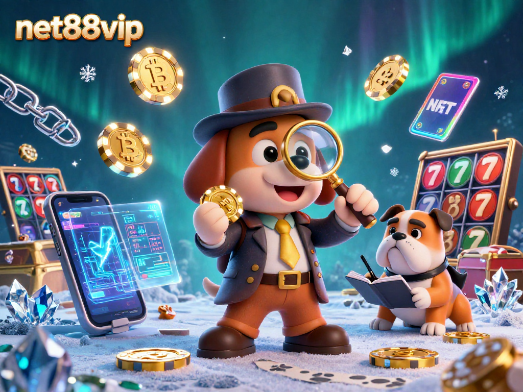 Engage with net88vip's thrilling casino scene featuring a detective and bulldog solving clues amidst vibrant slot elements.