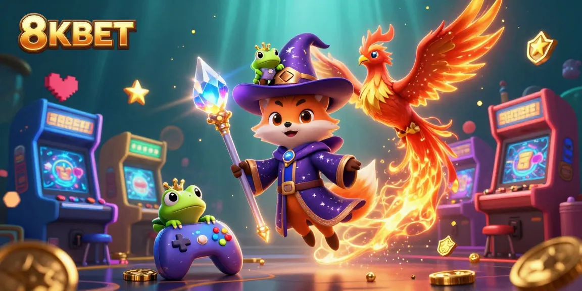 Experience the magic of 8KBET with a mystical wizard fox and a phoenix in a vibrant casino scene.