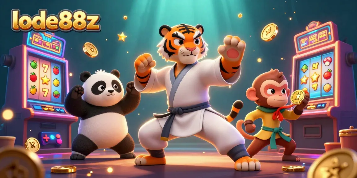 Join the excitement with lode88z as the kung fu tiger and friends compete in a vibrant slot game showdown!