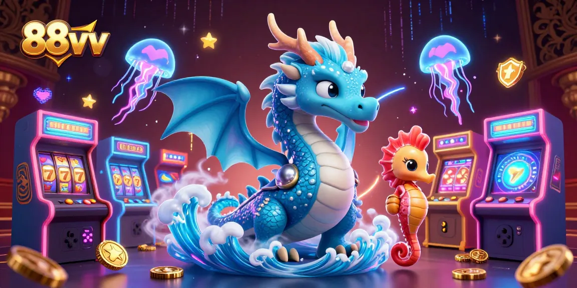 Experience thrilling gameplay at 88vv with a vibrant casino-themed scene featuring a water dragon and arcade elements.