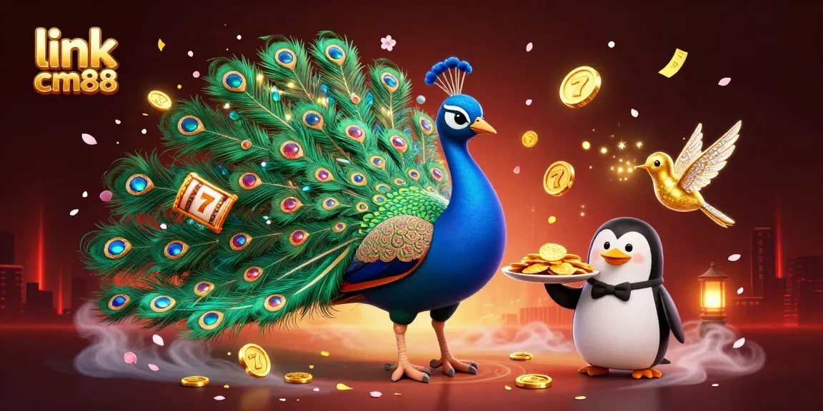 Engage with exciting slot games at link cm88, featuring a dazzling peacock, penguin butler, and hummingbird in a vibrant scene.