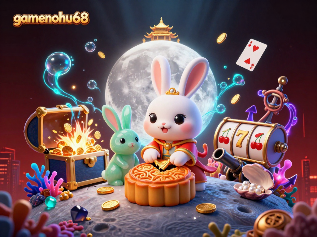 Experience the excitement with gamenohu68 as the moon rabbit reveals poker chips amid magical elements.
