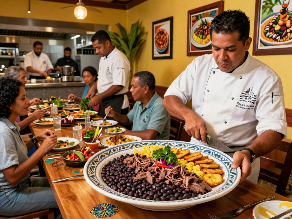 Delicious pabellon criollo served in a vibrant restaurant showcasing Caribbean dining culture, highlighting best pabellon criollo near me with inviting atmosphere.