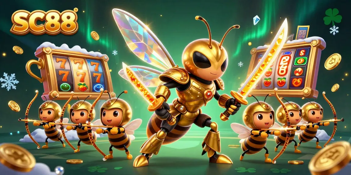 Enchanting SC88 scene where a golden hornet samurai leads bee archers amidst dynamic slot games and vibrant gambling symbols.