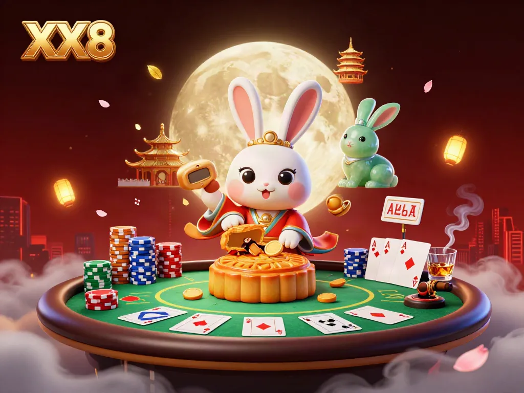 Engage with XX8's thrilling poker scene featuring the moon rabbit and vibrant casino elements.