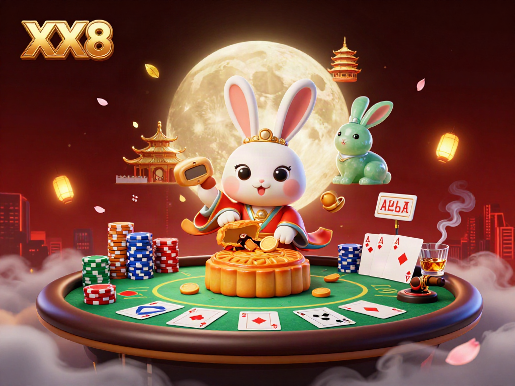 Engage with XX8's thrilling poker scene featuring the moon rabbit and vibrant casino elements.