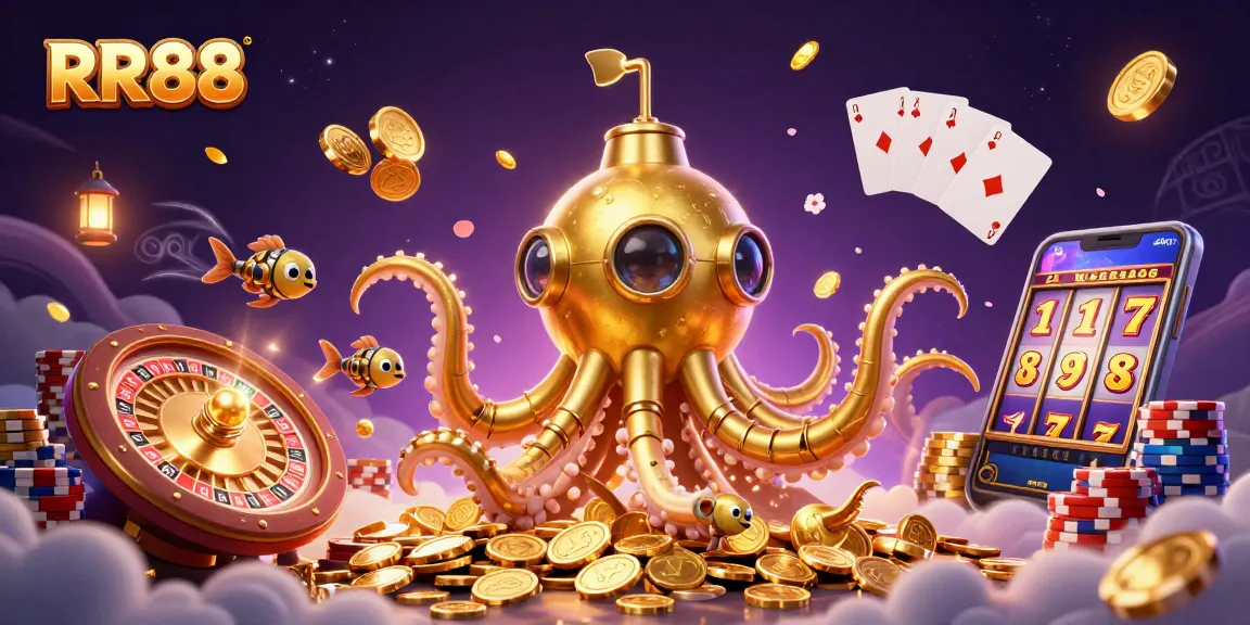 Experience the excitement of RR88 Casino with dynamic golden kraken and casino treasures.