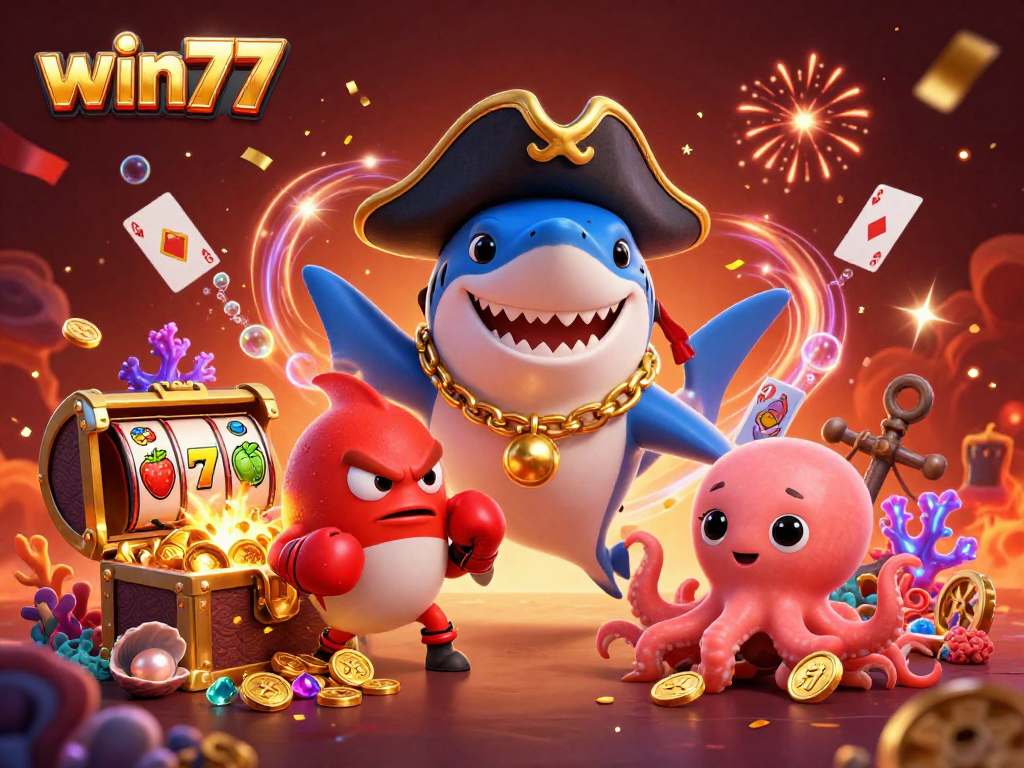 Visual berwarna-warni dari win77, menunjukkan ikan hiu bajak laut 3D, ikan bodhi, dan bayi cumi dengan koin emas.