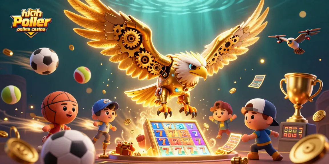 Experience the excitement of high roller online casino action with vibrant 3D illustrations of slots and winnings.