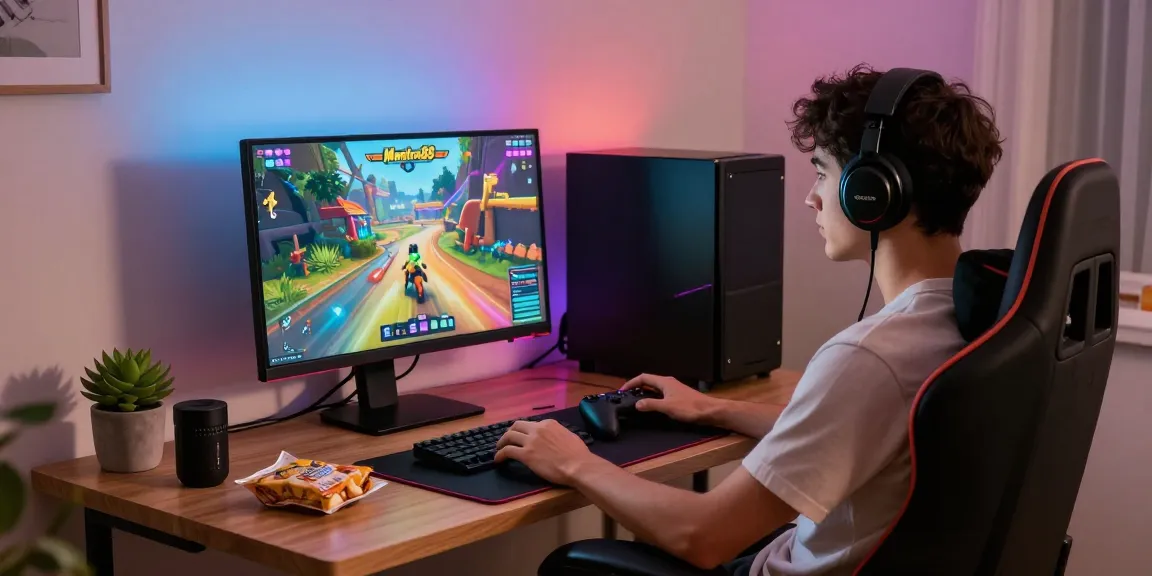 Gamer enjoying Mantra88 online games in a cozy home setup with vibrant graphics and accessories.