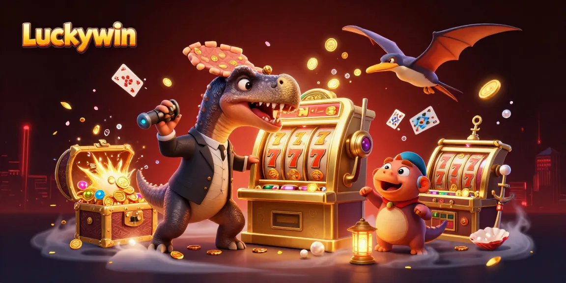 Luckywin's pachycephalosaurus winning the jackpot at a slot machine surrounded by flying coins and dynamic casino elements.