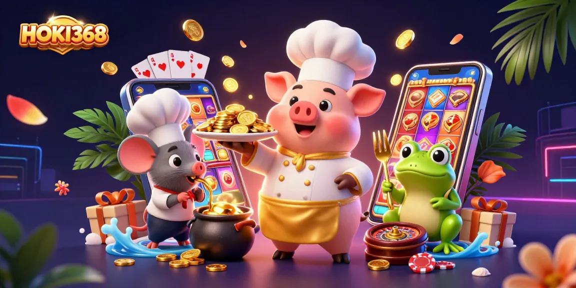Experience thrill with HOKI368's pig chef serving gold coins amid dynamic casino games.