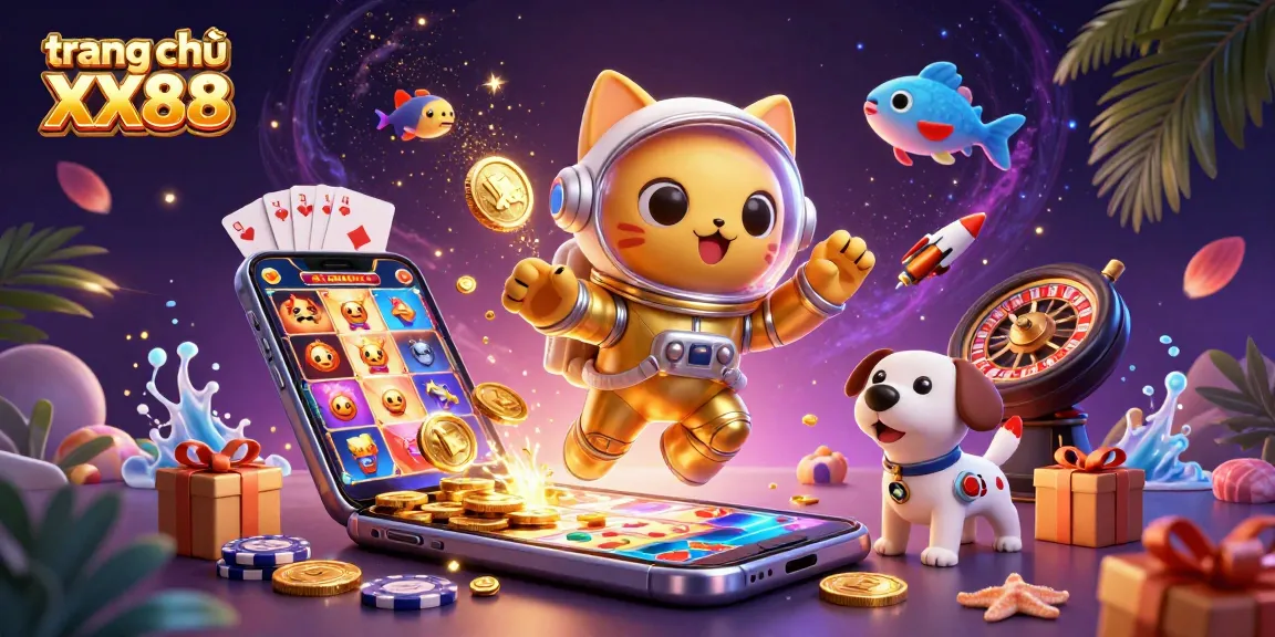 Experience the fun at trang chủ XX88 with vibrant casino games, an astronaut cat, and a robot dog!