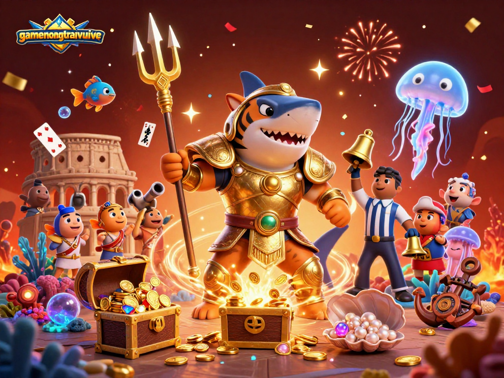 Engage with gamenongtraivuive in a vibrant, celebratory underwater casino scene featuring a tiger shark and gold elements.