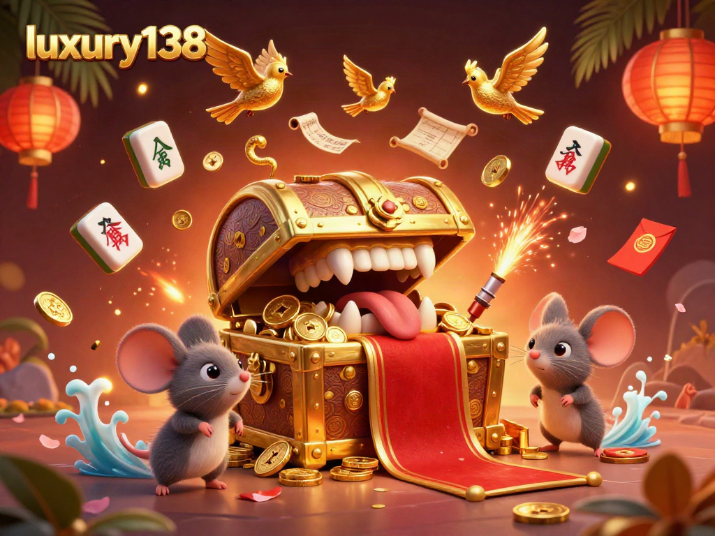 Engage with luxury138 in this vibrant 3D casino illustration featuring a treasure chest mimic luring adventurer mice.