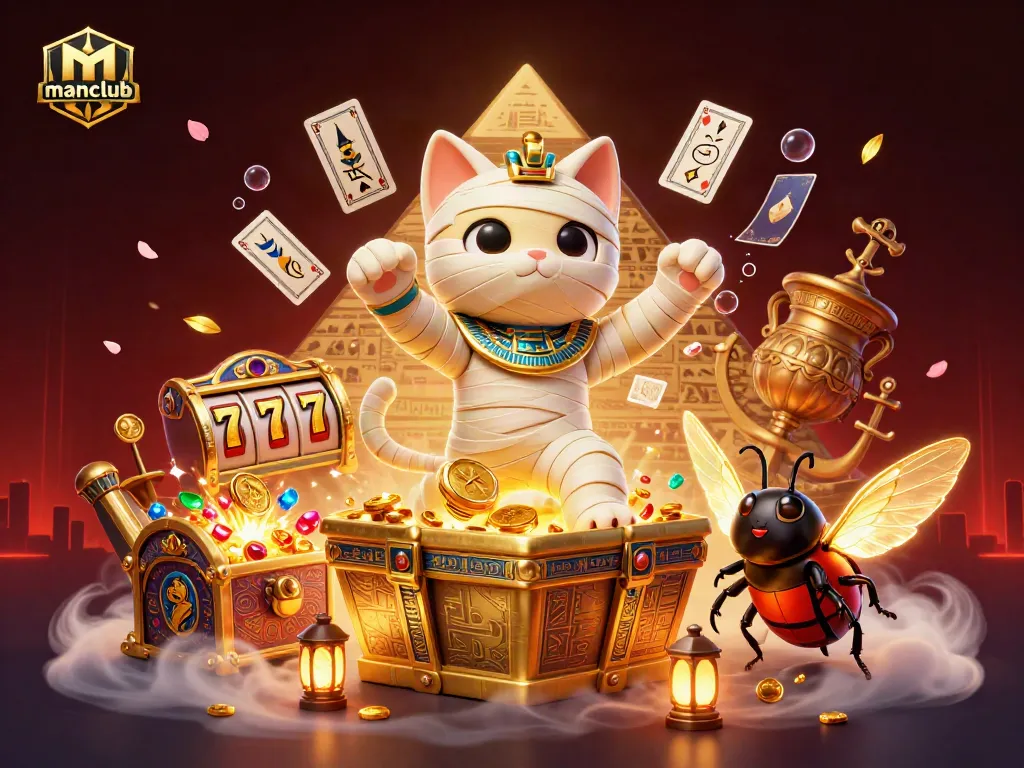 Experience the thrilling world of manclub with a vibrant Egyptian mummy cat and golden treasures in a dynamic casino scene.