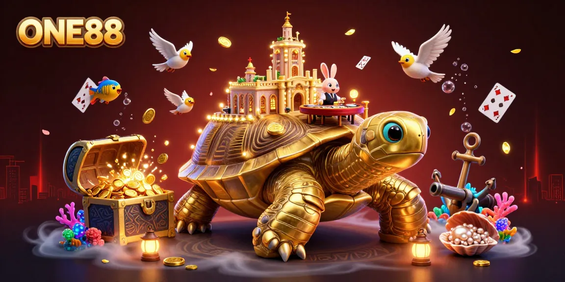Engage with ONE88's vibrant gaming experience featuring a golden tortoise casino and playful dealer.