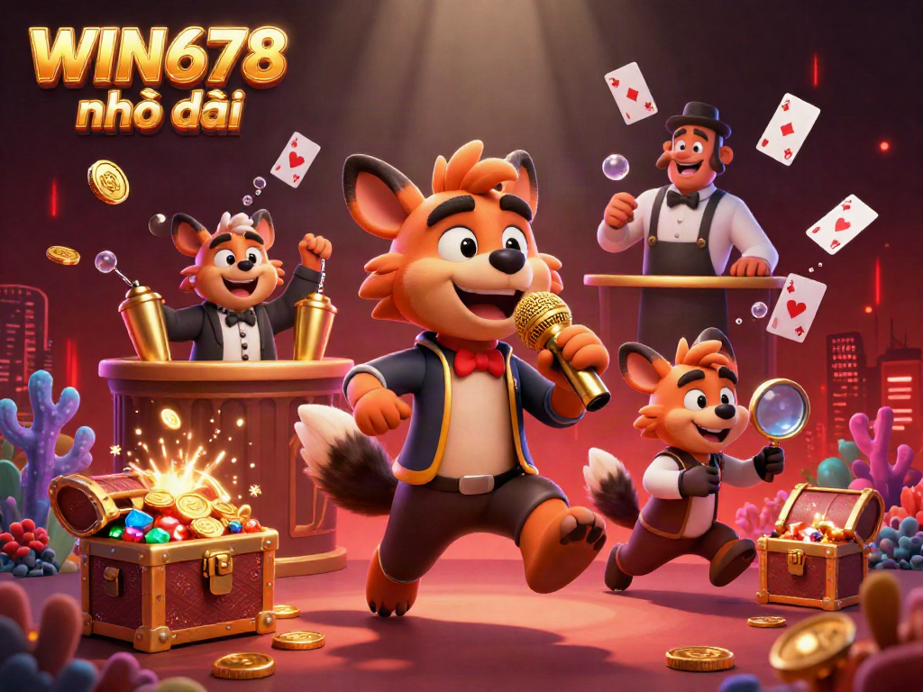 Engaging scene at WIN678 nhà cái showcasing hyenas in a comedy casino atmosphere with vibrant games around.