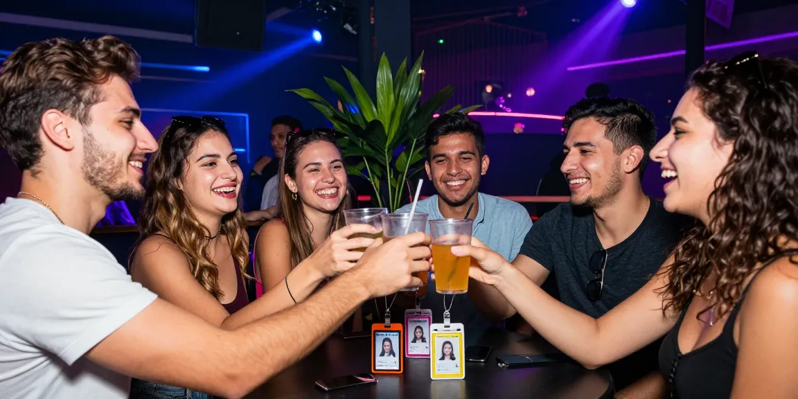 Group of friends celebrating at a club with Club21ids novelty IDs displayed on table, vibrant nightlife atmosphere.
