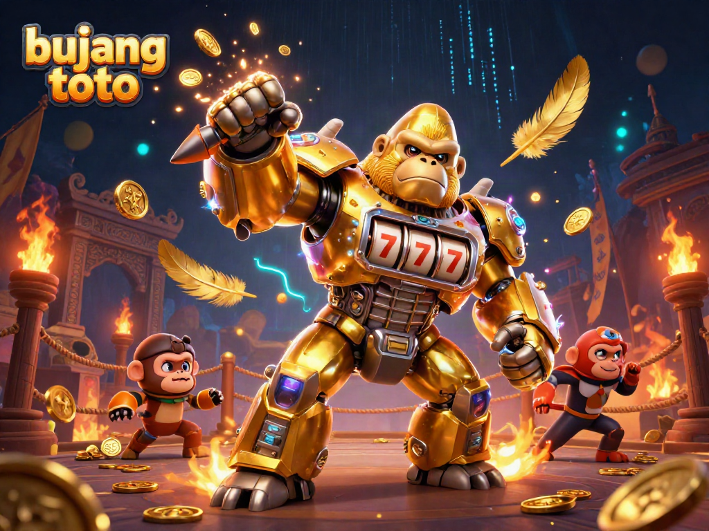 Engage with bujang toto in a vibrant casino scene featuring a golden mech and dazzling game elements.