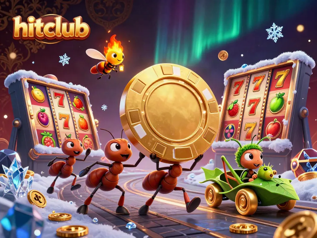 hitclub ants carrying a giant golden poker chip in a vibrant casino-themed scene