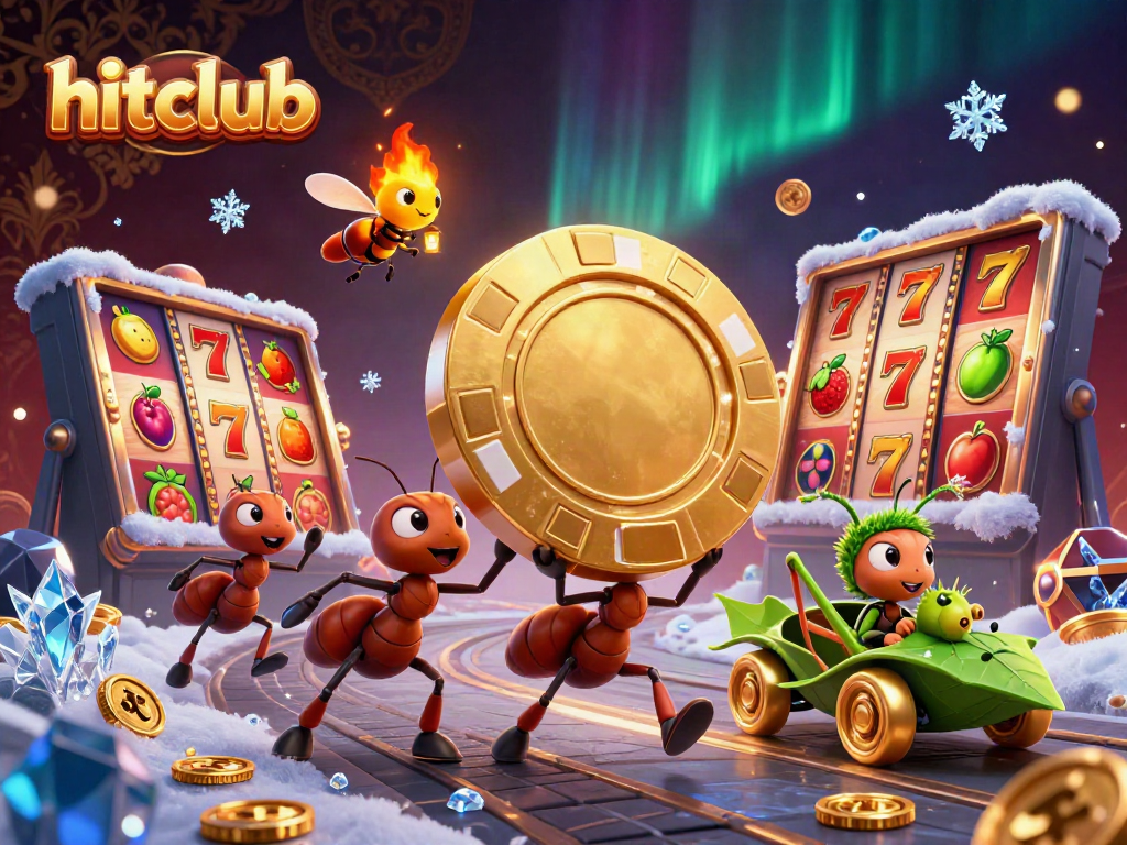 hitclub ants carrying a giant golden poker chip in a vibrant casino-themed scene
