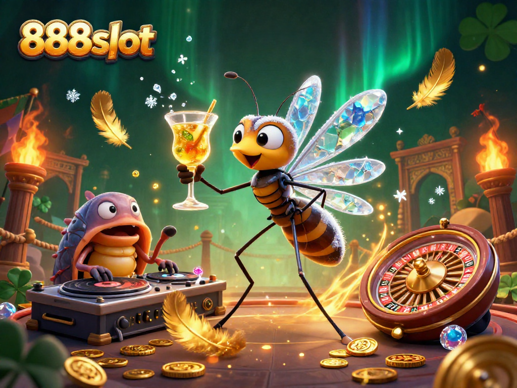 Spin the reels with excitement at 888slot, featuring a lively casino scene with a playful mosquito mascot.