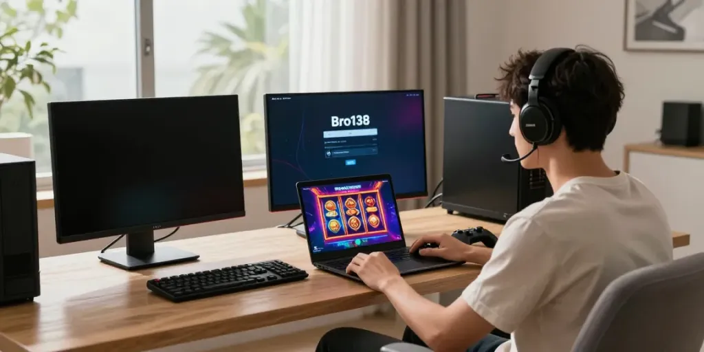 User engaging with Bro138 login interface on smartphone in a vibrant gaming setup.