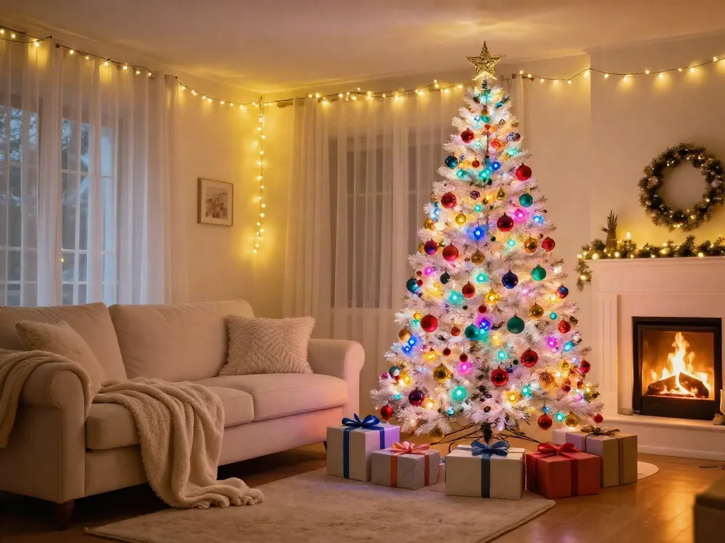 Stunning white colorful Christmas tree with multicolored lights in a cozy living room setting.