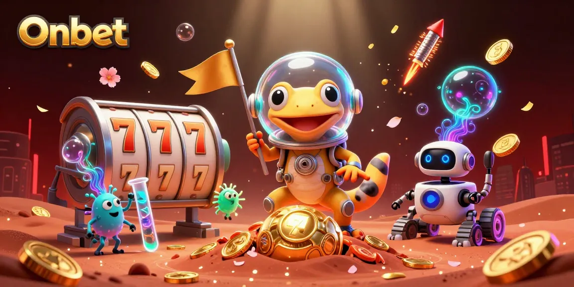 Experience Onbet's vibrant casino as a Martian gecko discovers treasure in a colorful, dynamic scene.