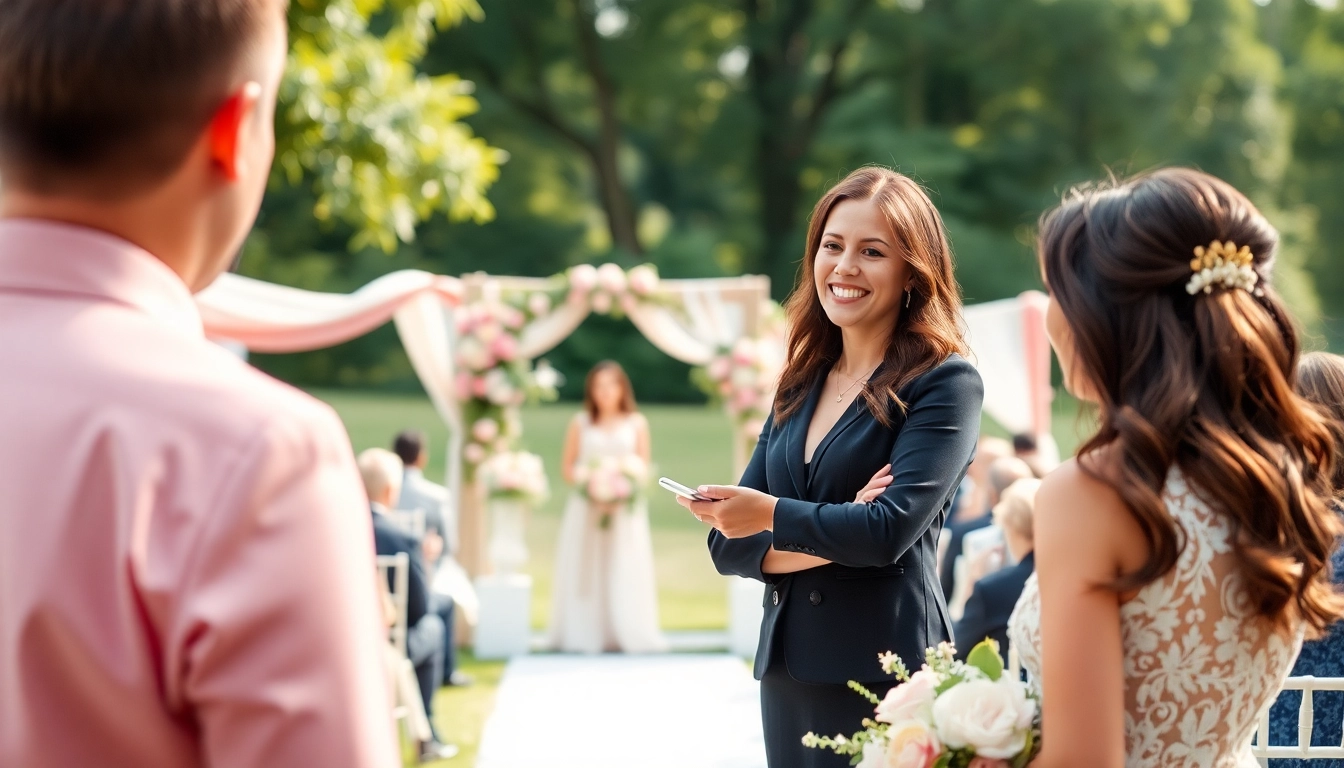 Expert Washington dc wedding coordinator managing a beautiful outdoor ceremony with guests and decorations.