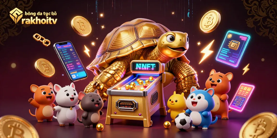 Engage in bóng đá trực tuyến rakhoitv with vibrant 3D cartoon illustration of a pinball tortoise amidst a dynamic gambling scene.