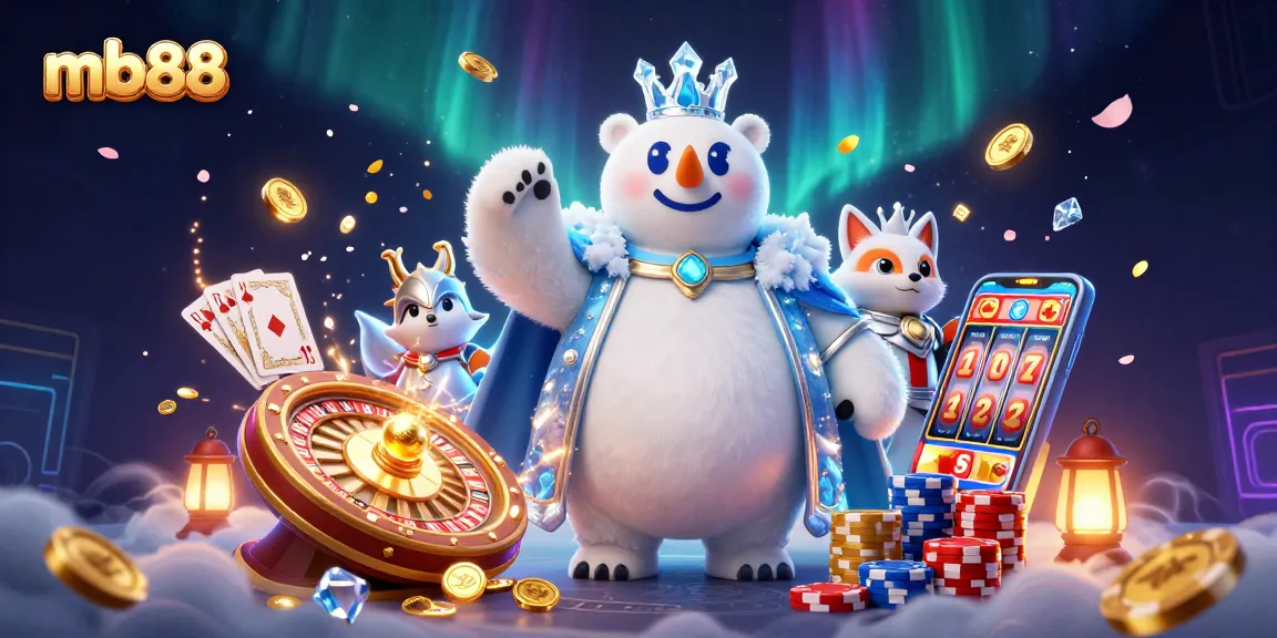 Experience the thrill of mb88 with 3D ice king and a snow fox in a vibrant casino scene.