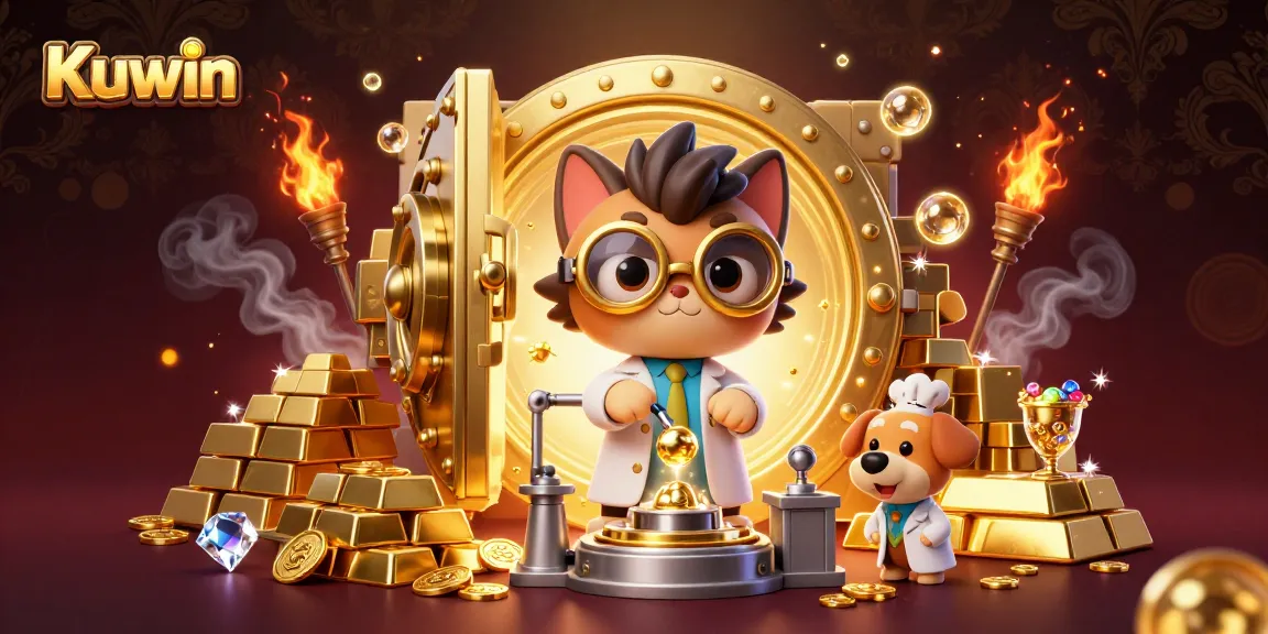 Kuwin creates gold coins in a playful casino-themed scene with treasures and fun characters.