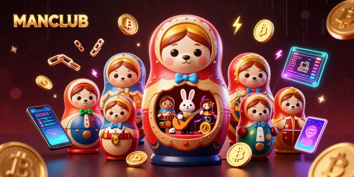 Engage with MANCLUB's vibrant casino world featuring characters and crypto-themed elements.