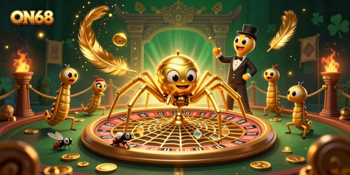 Bet on ON68 with a golden spider and centipede croupier in a vibrant casino scene.