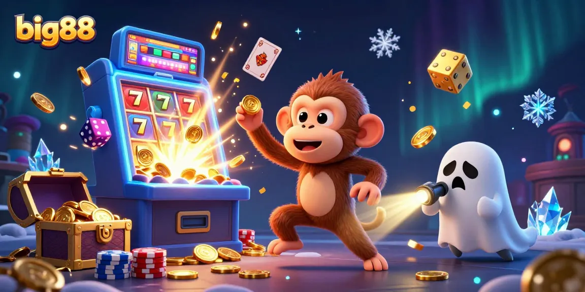 Engage with big88's thrilling casino experience featuring a playful monkey and ghost-hunter puppy in a vibrant jackpot scene.